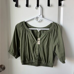 Aerie Green Smocked Crop Top with 3/4 Sleeves